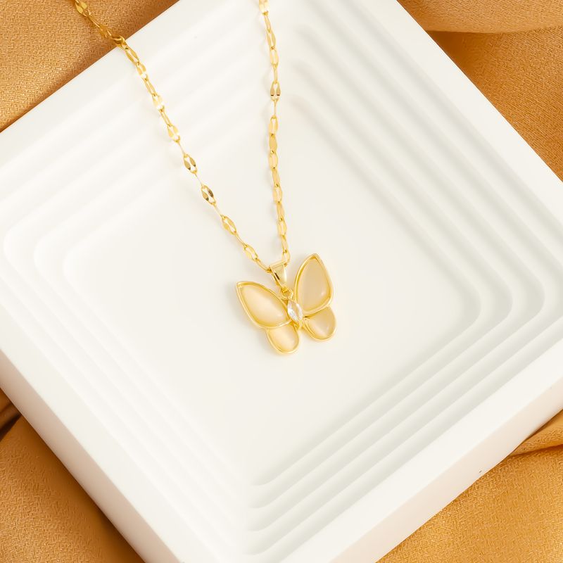 Stainless Steel 18K Gold Plated Elegant Simple Style Plating Inlay Butterfly Opal Zircon Pendant Necklace