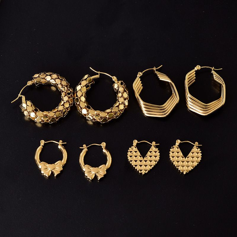 1 Set 1 Pair Lady Heart Shape Bow Knot Plating Mesh 304 Stainless Steel 18K Gold Plated Hoop Earrings