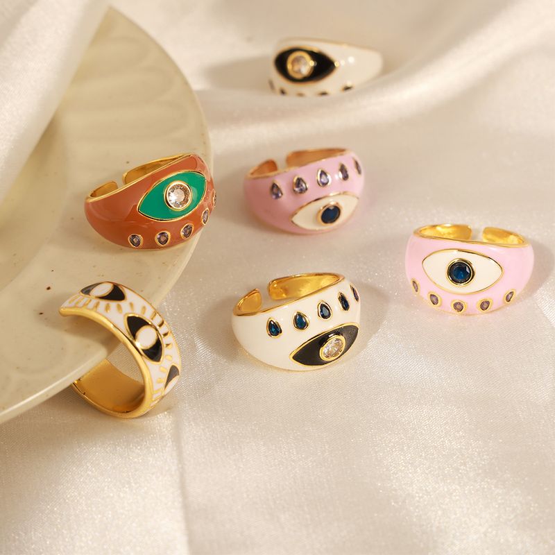 Vacation Simple Style Eye Copper Enamel Plating Inlay Zircon 18k Gold Plated Open Rings