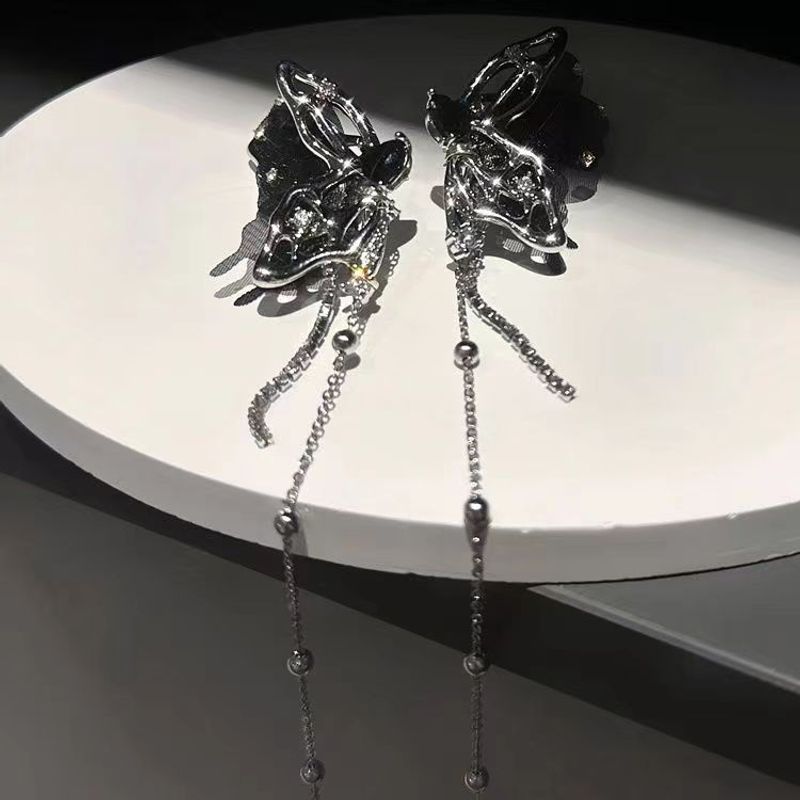 1 Pair Elegant Glam Butterfly Rhinestone Tassel Alloy Silver Plated Drop Earrings