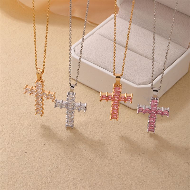 Wholesale Simple Style Cross 304 Stainless Steel Copper Plating Inlay K Gold Plated Rhodium Plated Zircon Pendant Necklace