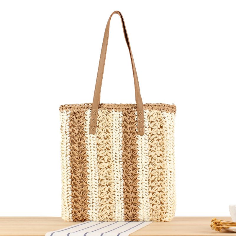 Women's Large Straw Color Block Vacation Zipper Straw Bag