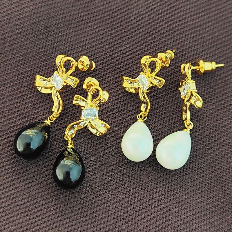 1 Pair Retro Water Droplets Bow Knot Plating Inlay Copper Zircon Drop Earrings