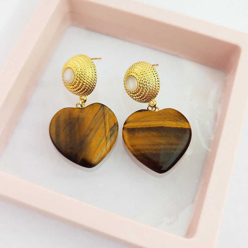 1 Pair Sweet Simple Style Heart Shape Plating Inlay Mixed Materials Tiger Eye Natural Stone Drop Earrings