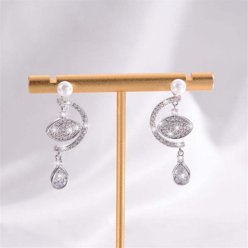 1 Pair Elegant Shiny Water Droplets Eye Plating Inlay Copper Artificial Pearls Zircon White Gold Plated Drop Earrings