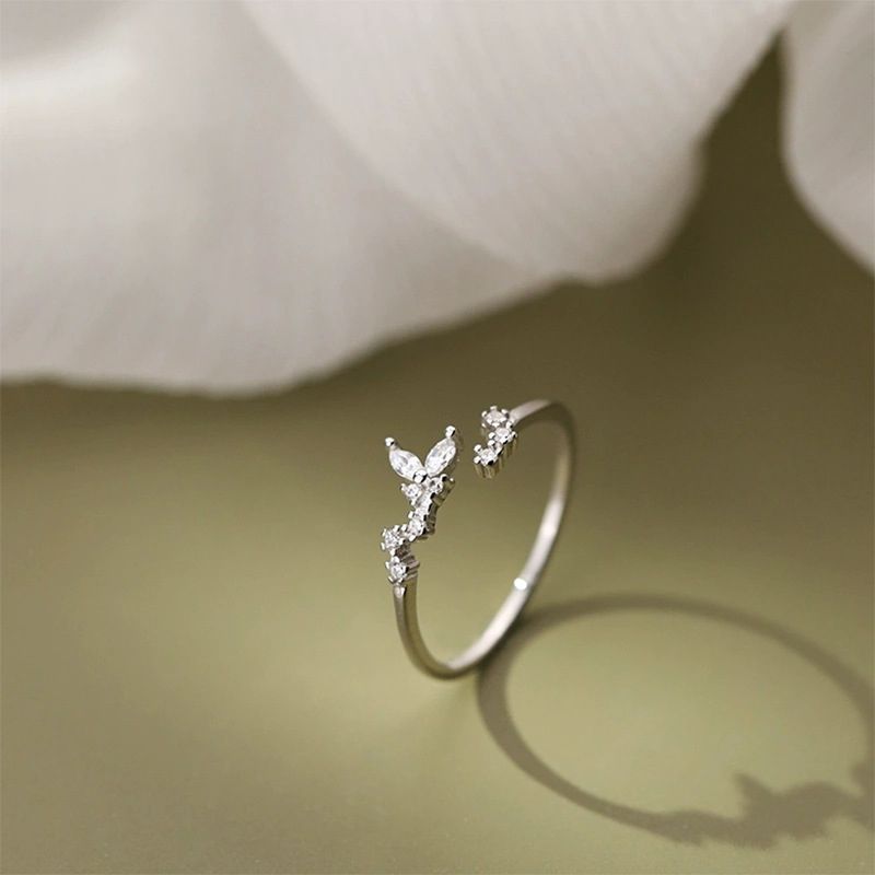 Cute Leaf Copper Plating Inlay Zircon Silver Plated Open Rings