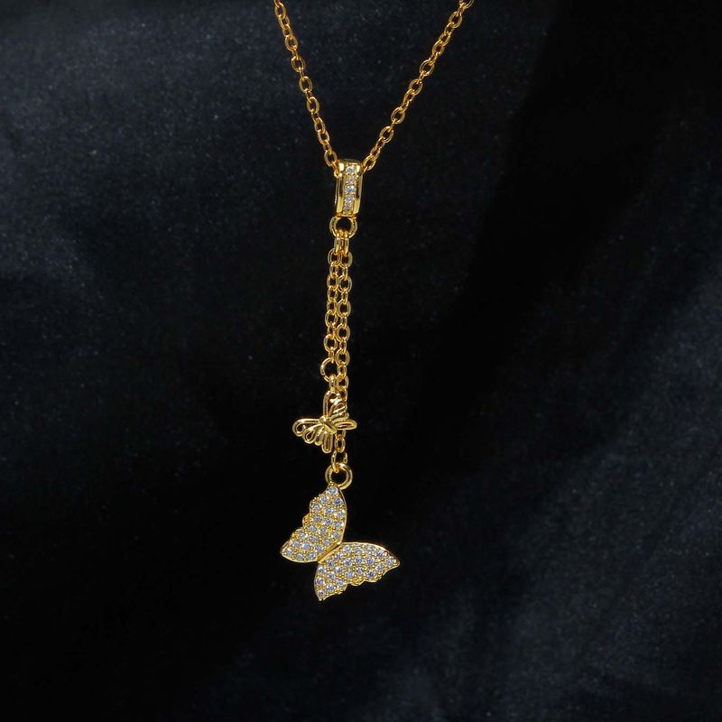 Sweet Butterfly Stainless Steel Plating Inlay Zircon 18k Gold Plated Pendant Necklace