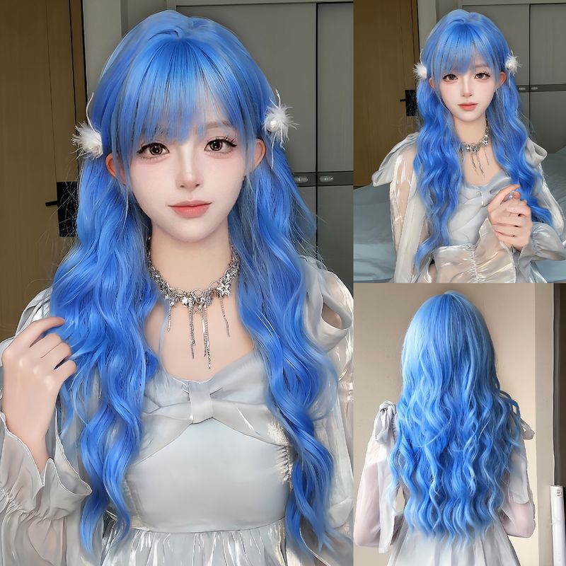 Femmes Adultes Style Japonais Lolita Sucré Bleu Décontractée Weekend Carnaval Fibre Chimique Bangs Cheveux Longs Et Bouclés Filet À Perruque