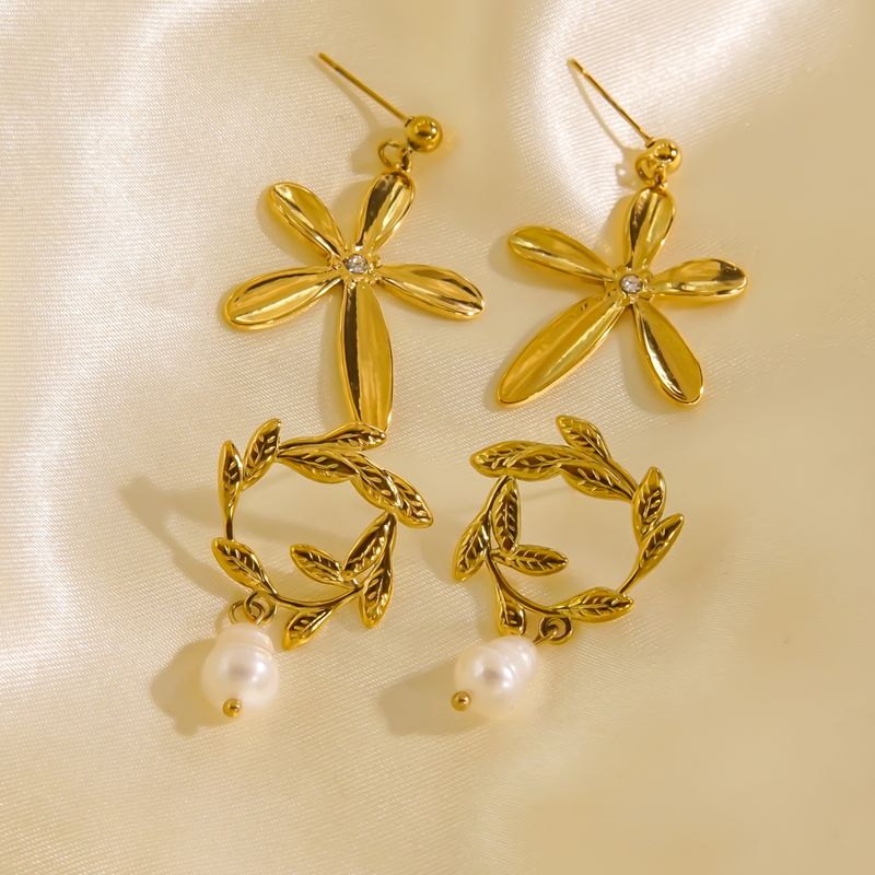 1 Pair Vacation Sweet Flower Plating 304 Stainless Steel Pearl 14K Gold Plated Drop Earrings