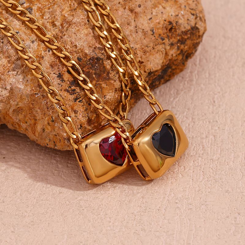 Vintage Style Simple Style Classic Style Square Heart Shape Stainless Steel Plating Inlay Zircon 18k Gold Plated Pendant Necklace
