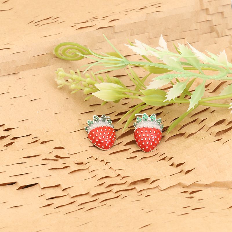1 Pair Sweet Strawberry Enamel Plating Inlay Copper Zircon White Gold Plated Ear Studs