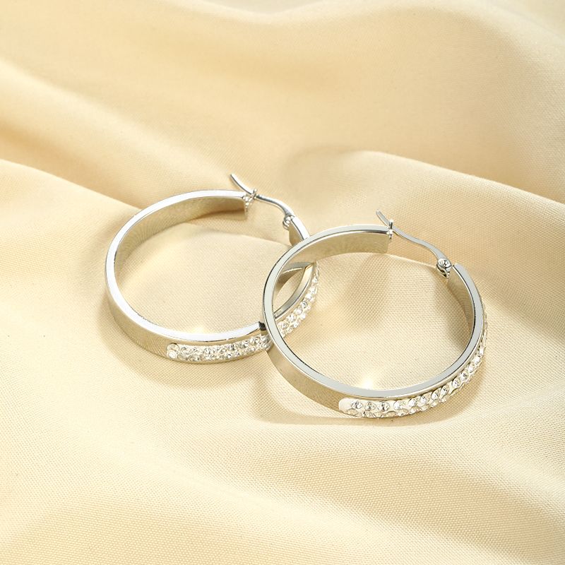 1 Pair Simple Style Geometric Polishing Plating Inlay 304 Stainless Steel Zircon Hoop Earrings