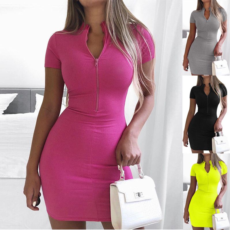 Women's Sheath Dress Casual Classic Style Standing Collar Short Sleeve Solid Color Above Knee Daily