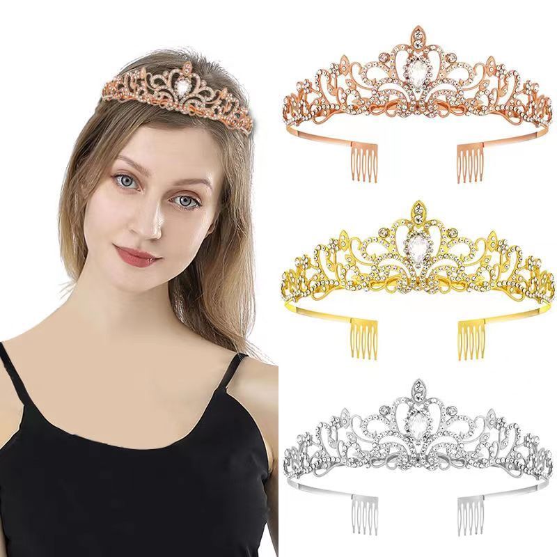 Women's Lady Crown Metal Inlay Artificial Crystal Crown