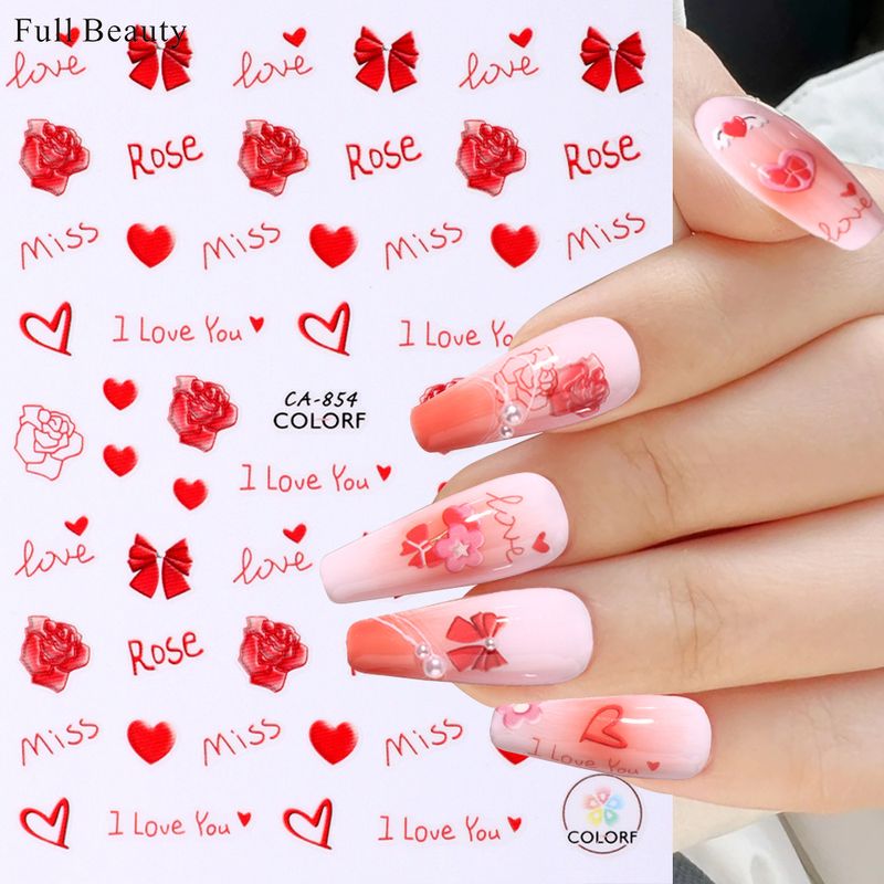 Valentine's Day Cute Heart Shape Rose Flower Pvc Nail Patches 1 Piece