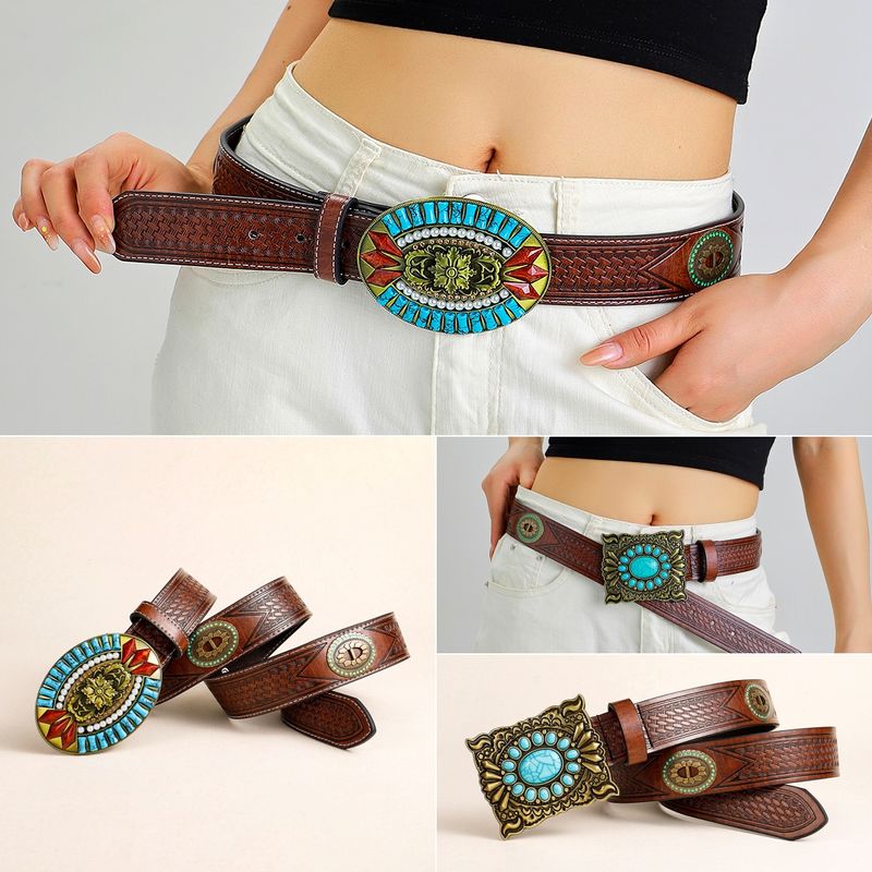 Retro Ethnic Style Geometric Pu Leather Metal Button Inlay Turquoise Unisex Leather Belts