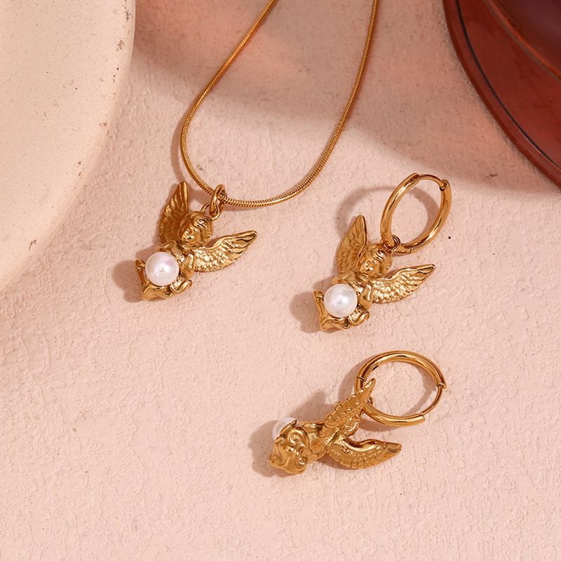 Ig Style Vintage Style Angel Stainless Steel Plating Inlay Artificial Pearls 18k Gold Plated Earrings Necklace