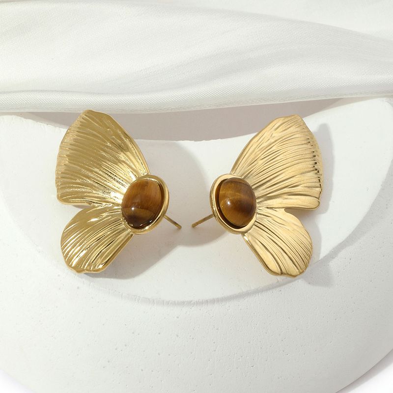 1 Paar Einfacher Stil Schmetterling Überzug Titan Stahl Naturstein 18 Karat Vergoldet Ohrstecker