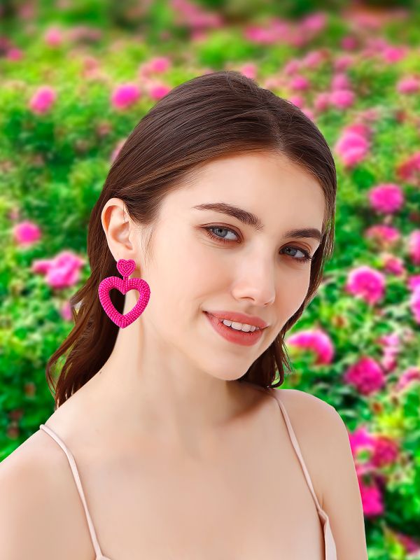 1 Pair Romantic Sweet Heart Shape Handmade Beaded Drop Earrings
