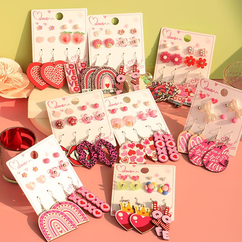 1 Set Cute Simple Style Lips Letter Heart Shape Arylic Wood Drop Earrings Ear Studs