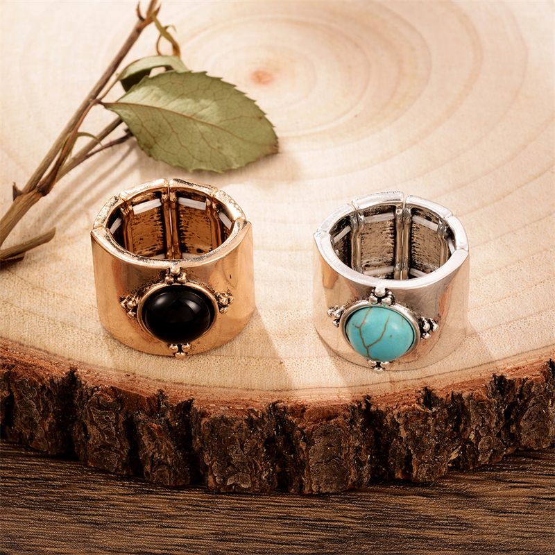 Retro Geometric Alloy Inlay Turquoise Obsidian Rings