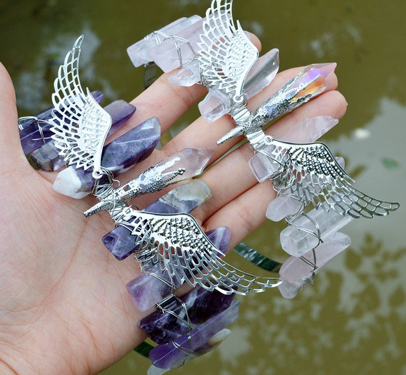 Women's Elegant Wings Alloy Gem Handmade Natural Stone Gem Crystal Crown