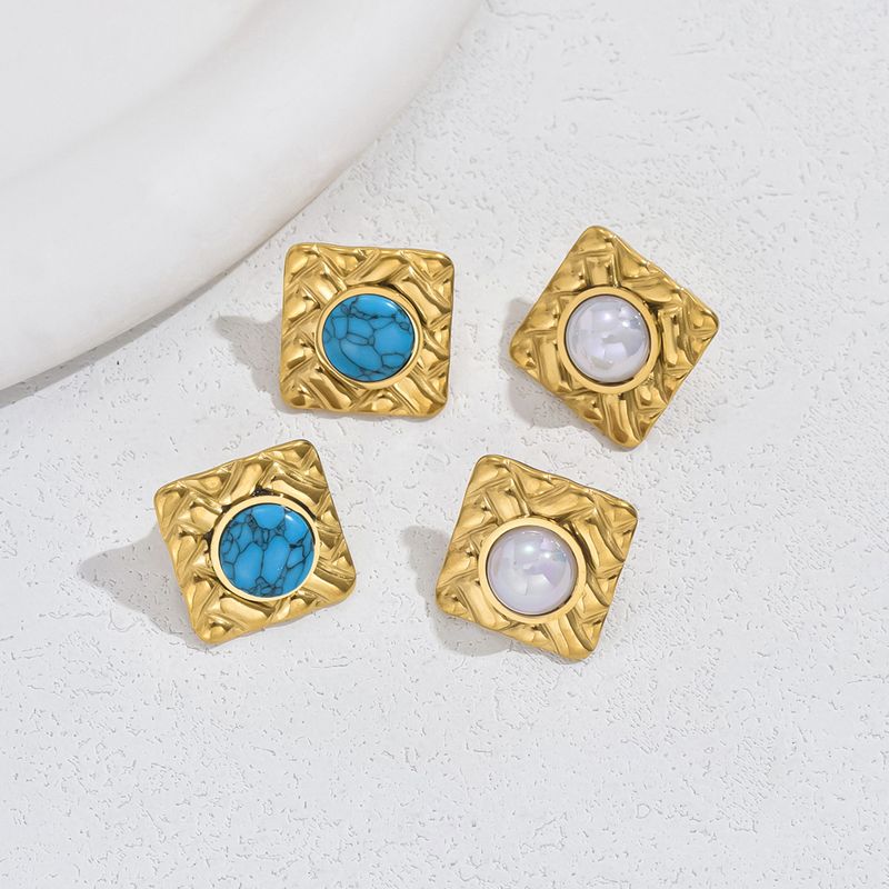 1 Pair Vintage Style Square Plating Inlay 201 Stainless Steel Artificial Pearls Turquoise 18K Gold Plated Ear Studs