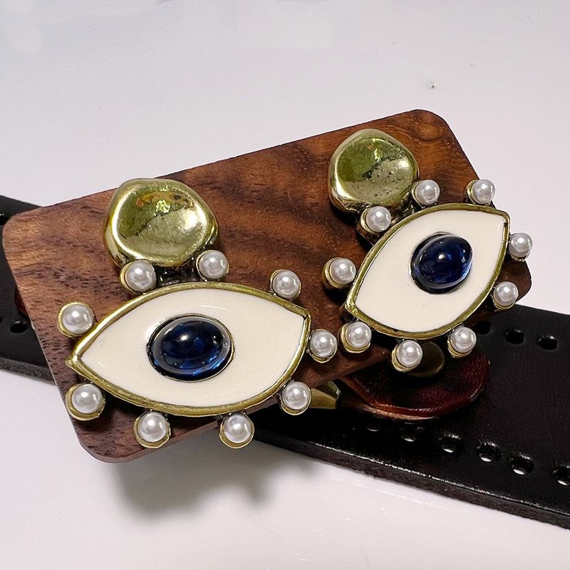 1 Pair Retro Eye Inlay Copper Artificial Gemstones Pearl Drop Earrings
