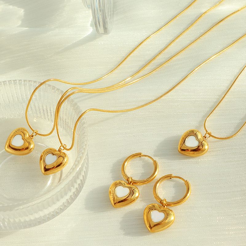 Elegant Formal Simple Style Heart Shape Titanium Steel Plating Inlay Shell 18k Gold Plated Earrings Necklace