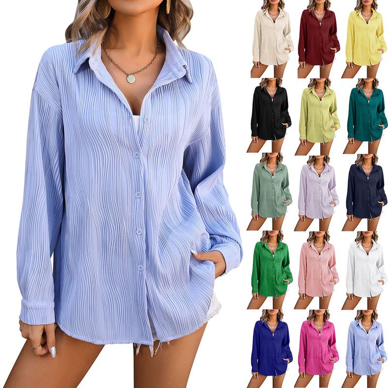 Women's Blouse Long Sleeve Blouses Casual Classic Style Waves Solid Color
