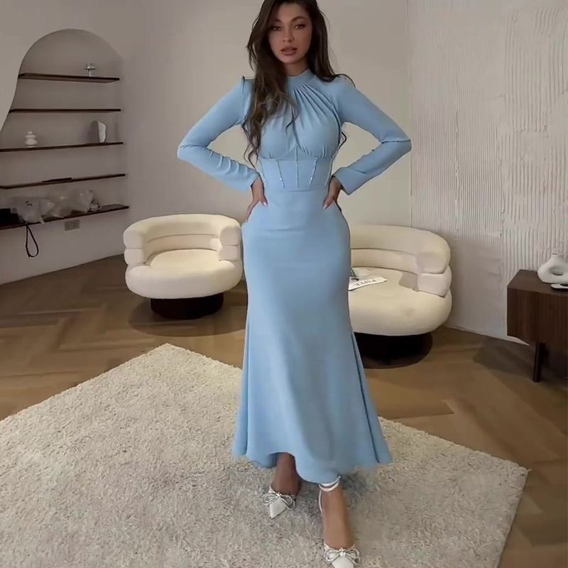 Women's Sheath Dress Elegant Classic Style High Neck Long Sleeve Solid Color Maxi Long Dress Daily