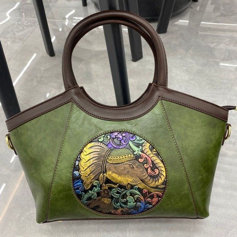 Women's Large Pu Leather Elephant Ethnic Style Square Open Handbag