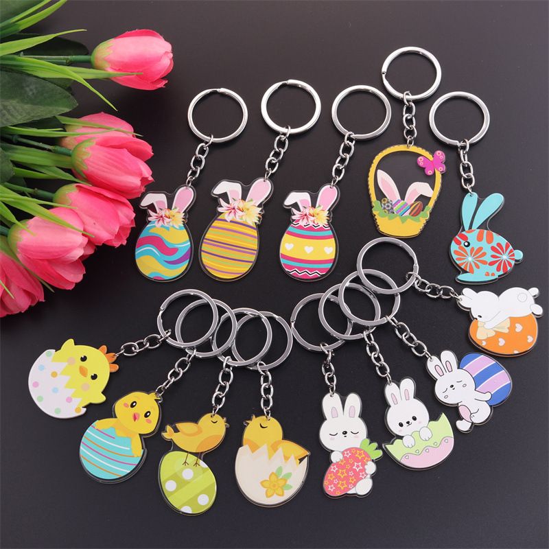 Simple Style Rabbit Animal Stainless Steel Arylic Printing Easter Keychain