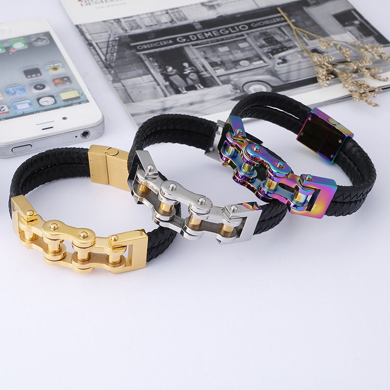 Simple Style Geometric Stainless Steel Pu Leather Plating 18K Gold Plated Men's Bracelets