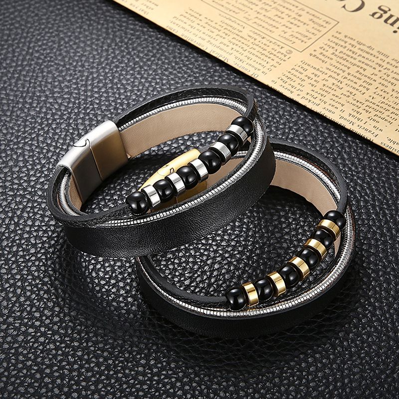 Retro Geometric Stainless Steel Cowhide Beaded Plating 18K Gold Plated Men's Bracelets