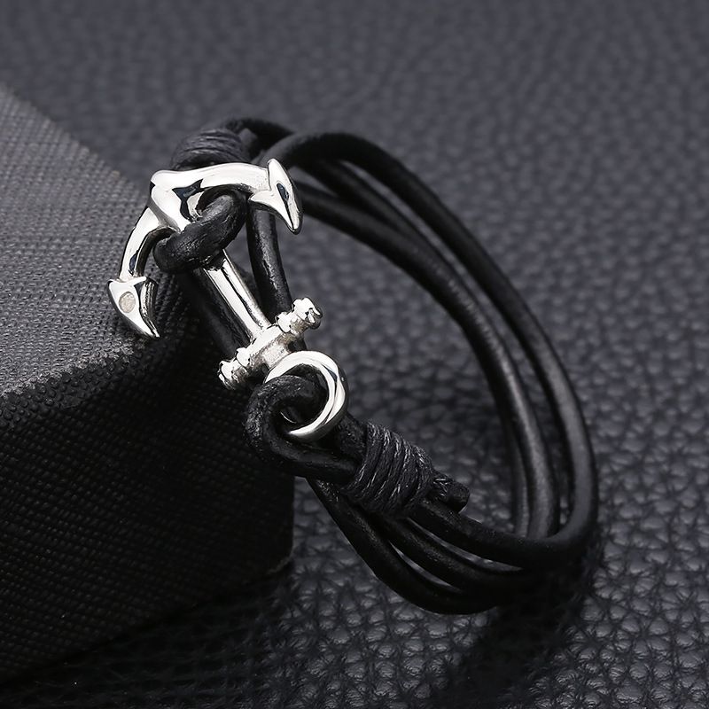 Punk Simple Style Anchor Stainless Steel Cowhide Plating Men's Bracelets