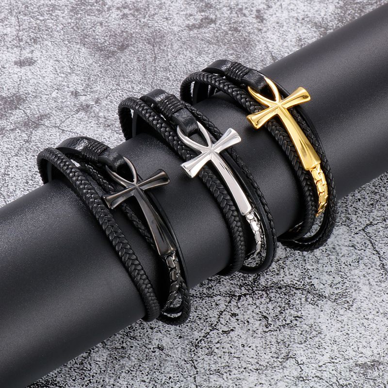 Simple Style Cross Stainless Steel Cowhide 18K Gold Plated Men's Bangle