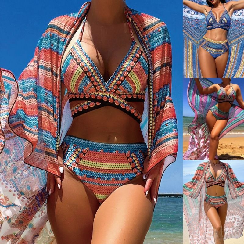Women's Lady Beach Modern Style Color Block 3 Pieces Set Bikinis Swimwear