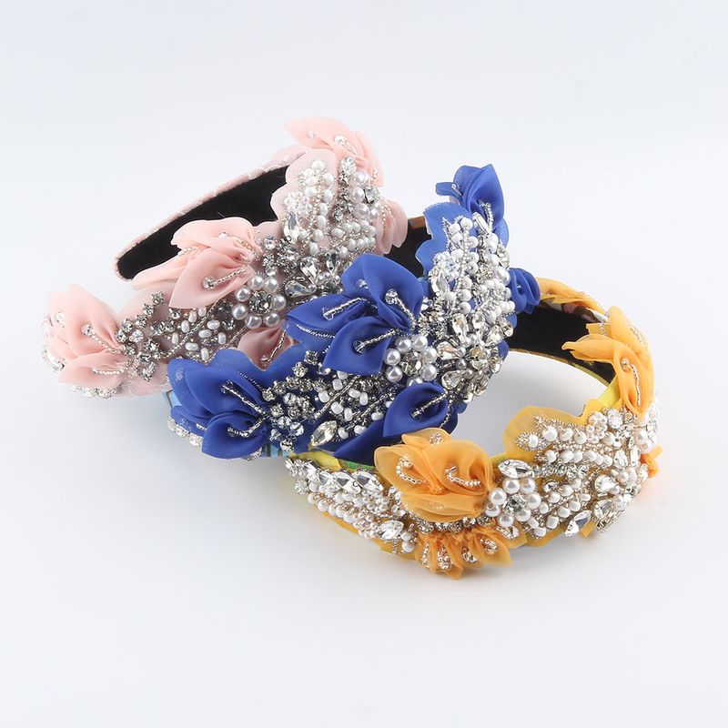 Women's Elegant Luxurious Flower Cloth Silk Yarn Inlay Artificial Pearls Rhinestones Hair Band