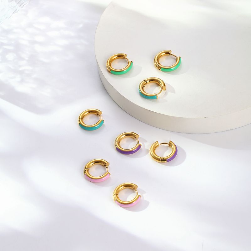 1 Pair Elegant Circle Polishing Epoxy 304 Stainless Steel 18K Gold Plated Hoop Earrings