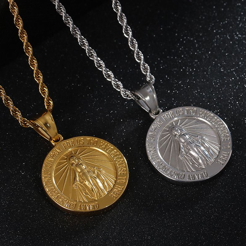 Hip-Hop Round Virgin Mary Stainless Steel Plating 18K Gold Plated Unisex Pendant Necklace