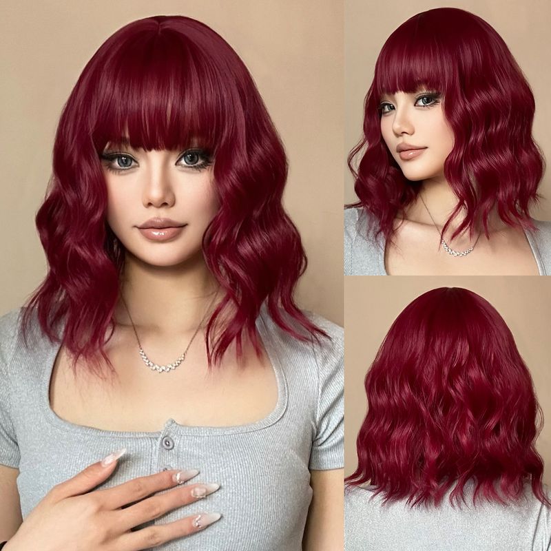 Women's Casual Formal Sweet Red Weekend Street Chemical Fiber Bangs Curls Short Curly Hair Wig Net