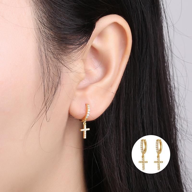 1 Pair Simple Style Cross Plating Inlay Copper Zircon White Gold Plated Gold Plated Drop Earrings