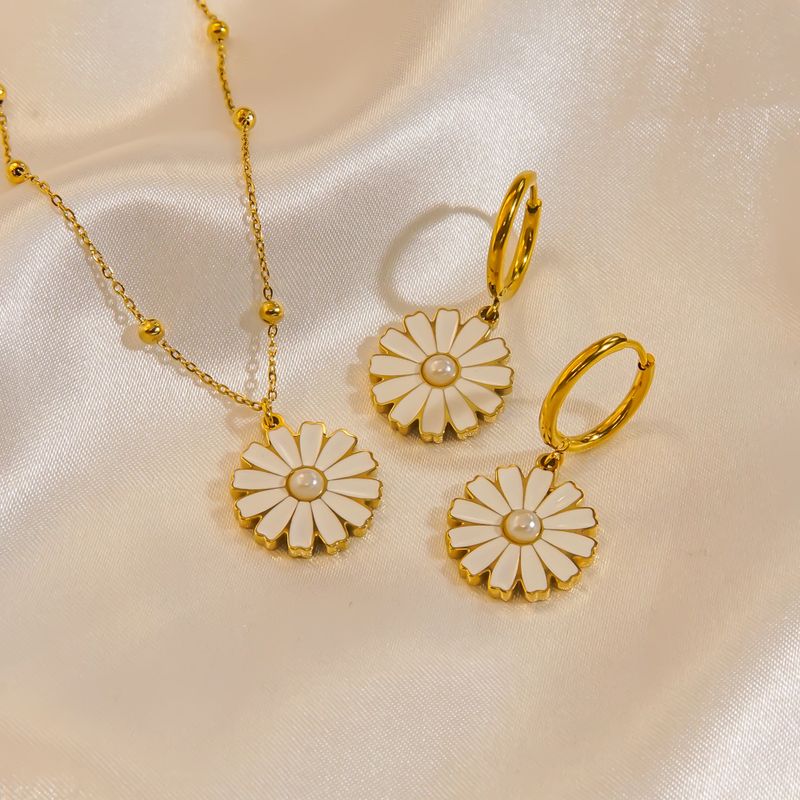 304 Stainless Steel 14K Gold Plated Cute Sweet Enamel Inlay Daisy Shell Pearls Earrings Necklace