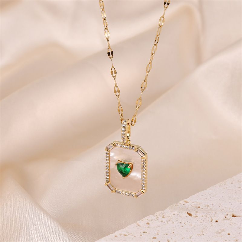 Stainless Steel Titanium Steel Elegant Simple Style Heart Shape Rectangle Plating Inlay Natural Stone Shell Zircon Pendant Necklace