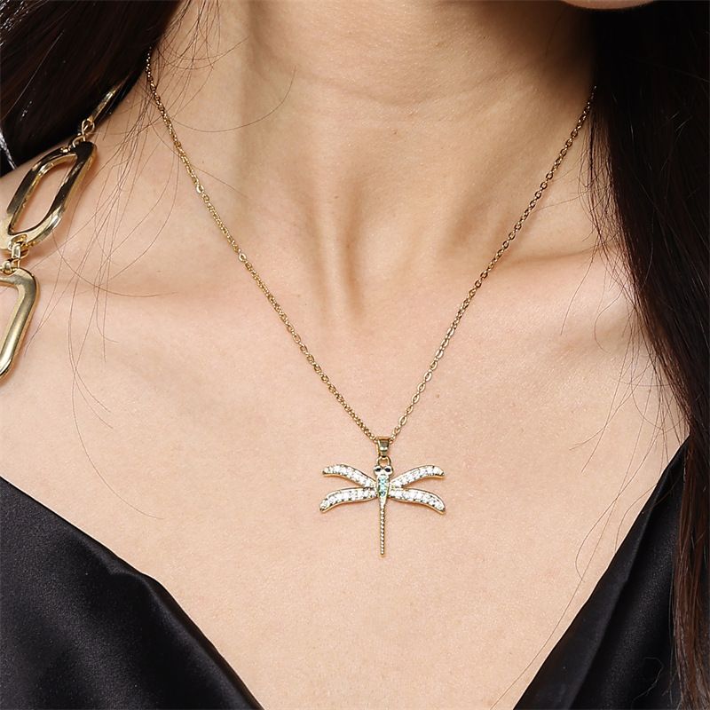 Stainless Steel Titanium Steel Elegant Simple Style Dragonfly Plating Inlay Zircon Pendant Necklace