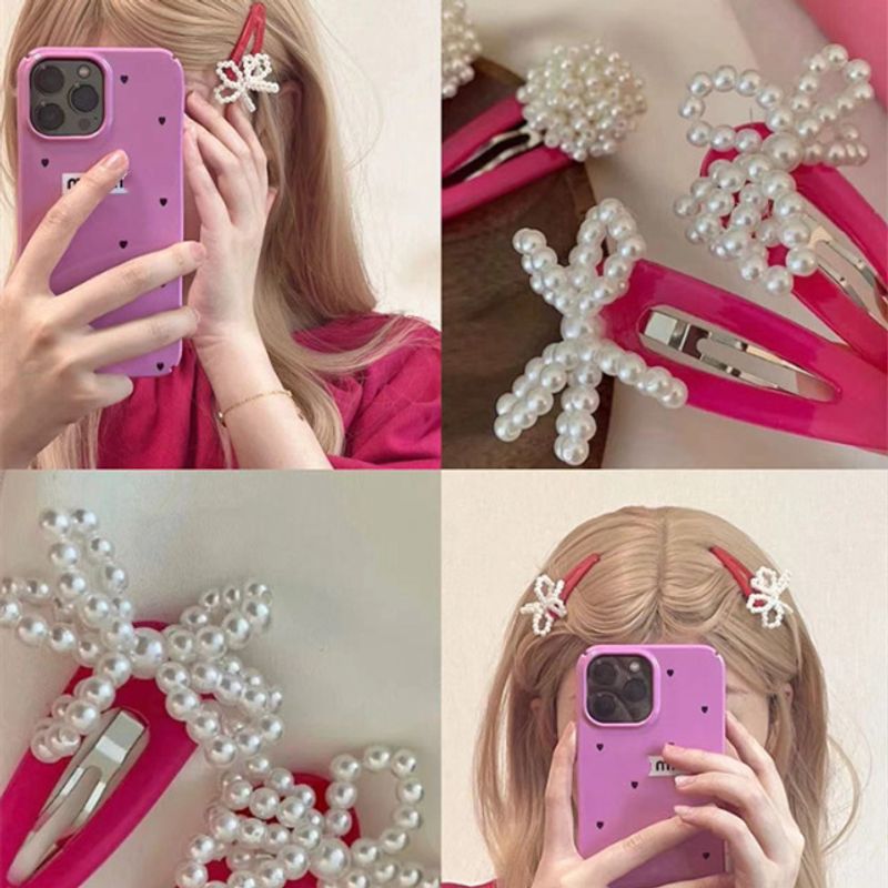 Femmes Mignon Rond Noeud D'Arc Plastique Incruster Perles Artificielles Pince À Cheveux