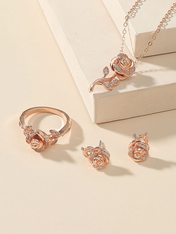 Einfacher Stil Rose Vergoldet Glas Legierung Großhandel Ringe Ohrringe Halskette