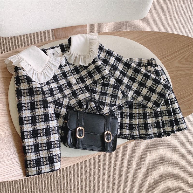 Classic Style Checkered Polyester Girls Clothing Sets