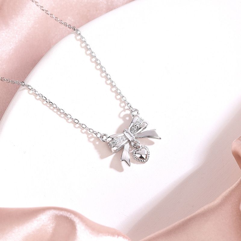 Sterling Silver Lady Heart Shape Bow Knot Pendant Necklace